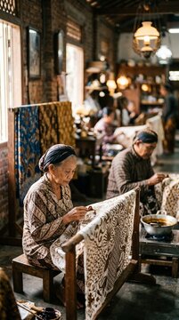 Traditional Batik Artisans Working in Indonesian Workshop