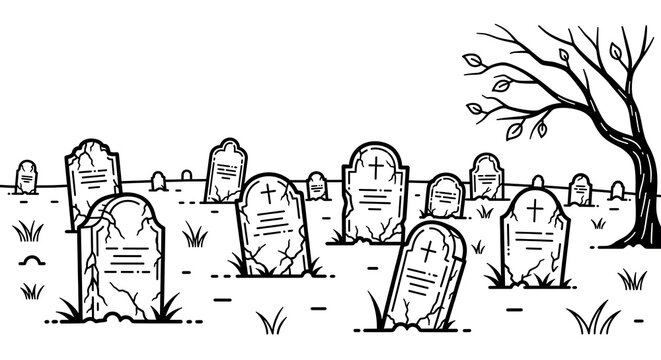 Spooky graveyard with old tombstones.