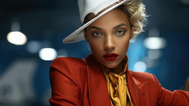Sophisticated woman, elegant fedora hat, confident direct gaze, showcasing modern fashion, bold individuality, vibrant personal style, contemporary elegance, self-assured presence, stylish expression