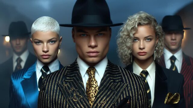 Determined, confident group in vintage style tailored suits, reflecting power, ambition, and modern business leadership, embracing classic fashion trends, diverse team