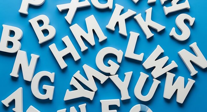 Alphabet letters scattered on blue surface, education concept.