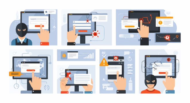 Cybersecurity concept with hacker and online security icons.