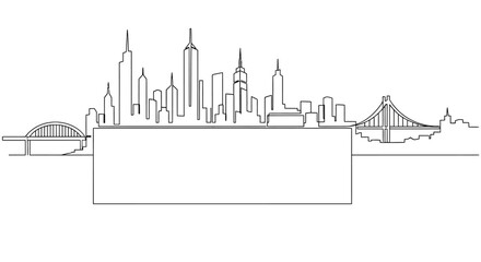 Fototapeta premium Continuous line drawing of a modern cityscape skyline with an empty rectangular banner.