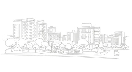 Fototapeta premium Hand drawn architectural sketch of a modern urban cityscape with trees.