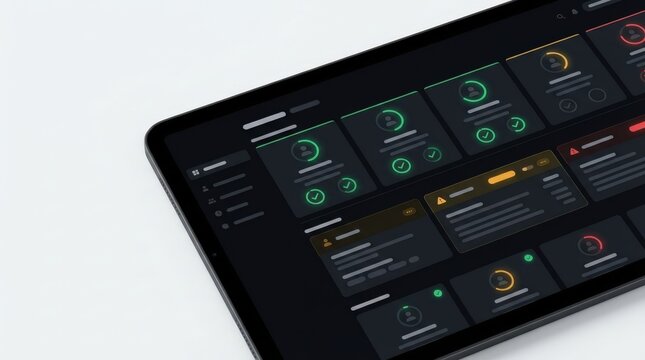 Tablet Showing Dark Analytics Dashboard Interface Mockup.