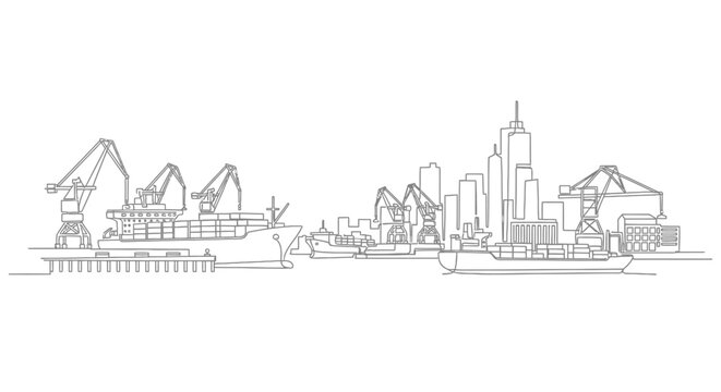 Continuous one line drawing of a bustling industrial seaport with cargo ships and cranes.