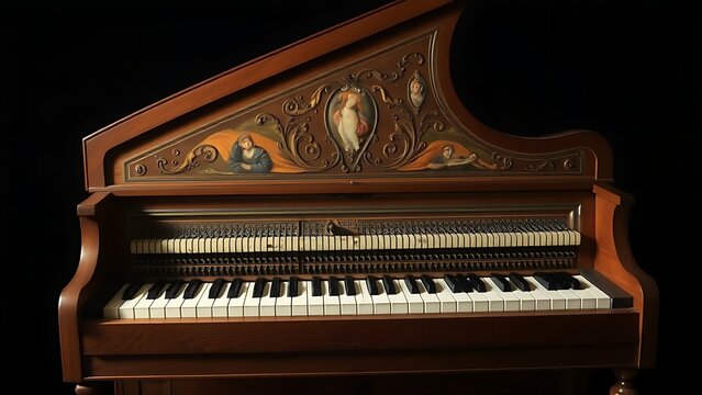 Open Baroque harpsichord revealing two rows of keys and internal paintings.