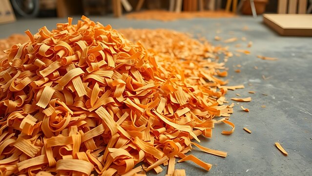 Curly, orange-red wood shavings from padauk piled on a workshop floor.