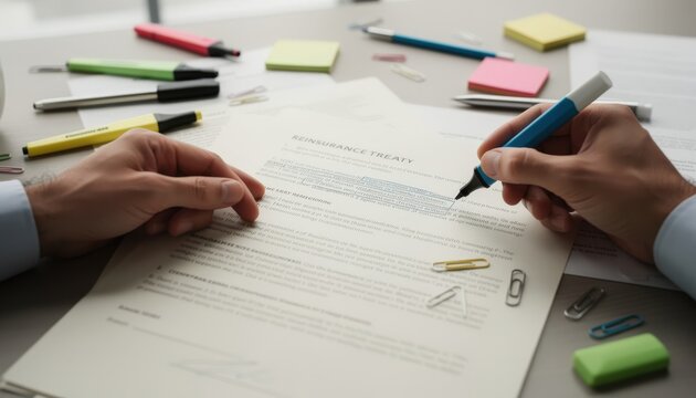 Closeup of hands highlighting clauses in a multipage reinsurance treaty contract on a cluttered legal drafting desk with blurred background.