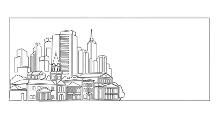 Fototapeta premium Hand drawn line art illustration of a city skyline with buildings and skyscrapers.