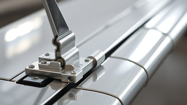 Close-up of an aircraft aileron's hinge and actuator, polished metal surface.