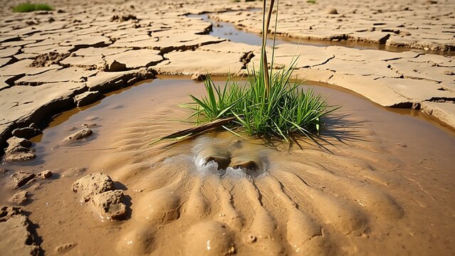 A clear groundwater spring creating a green oasis in a cracked, arid landscape.