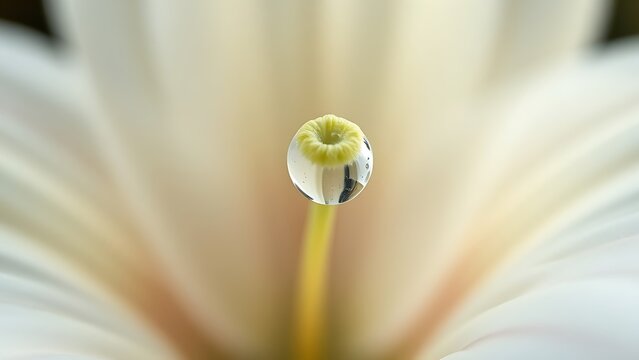 Delicate flower stamen with a dewdrop, morning light.