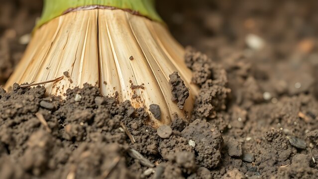 Close-up of a kava plant root with rough textured surface and fresh soil in natural earthy tones.