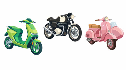 This vibrant illustration showcases a variety of motorcycles and scooters in unique colors and designs, representing freedom, speed, and urban lifestyle. © Boren