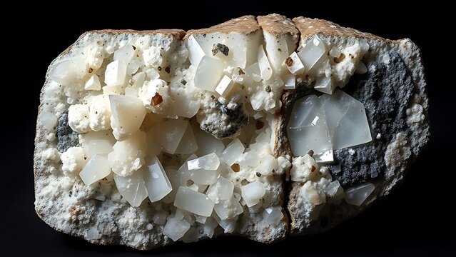 Split pegmatite rock specimen showing large interlocking crystals.
