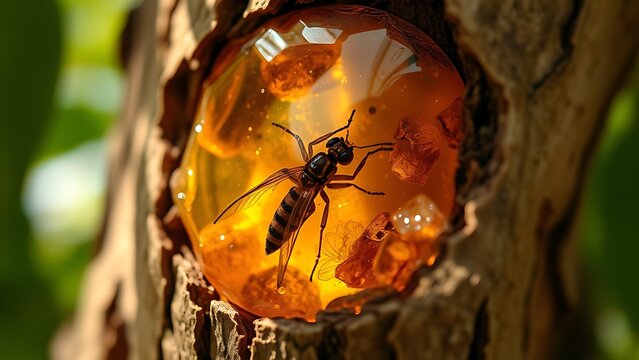 Golden amber copal resin trapped in tree bark containing a preserved insect.