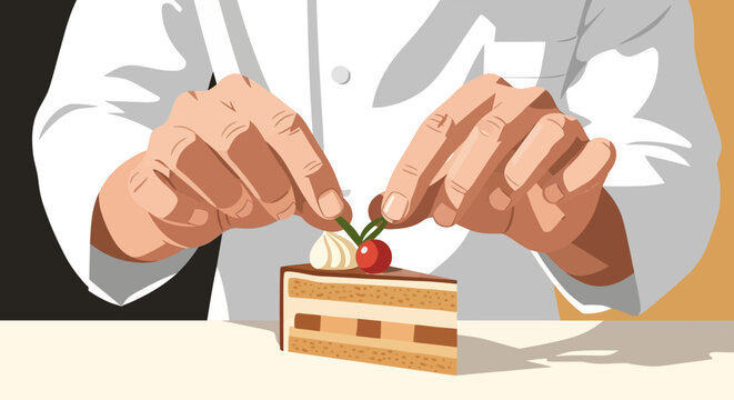 Close up of Chef Hands Decorating Cake Slice with Cherry, Professional Pastry Finishing Touch Illustration.