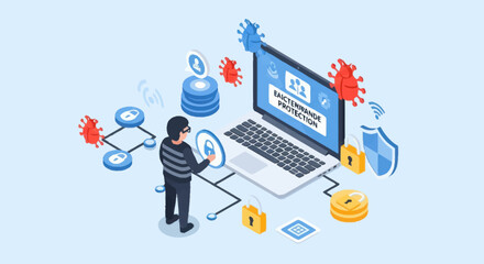 Cybersecurity hacker attacking computer network with virus and malware. © Anak