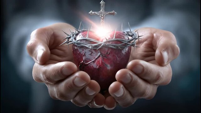 Sacred Heart of Jesus Christ, divine love and sacrifice held in cupped hands, profound spiritual devotion, honoring a holy observance in Colombia on June fifteenth