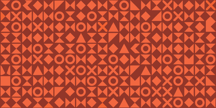 Repeating geometric pattern of triangles diamonds circles and crosses