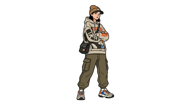 Illustration of a cool stylish young woman in urban streetwear.