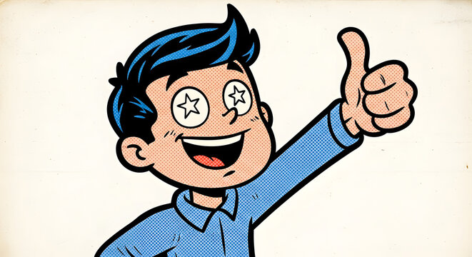 Excited boy with star eyes gives thumbs up in a pop art comic book style illustration, retro halftone pattern.