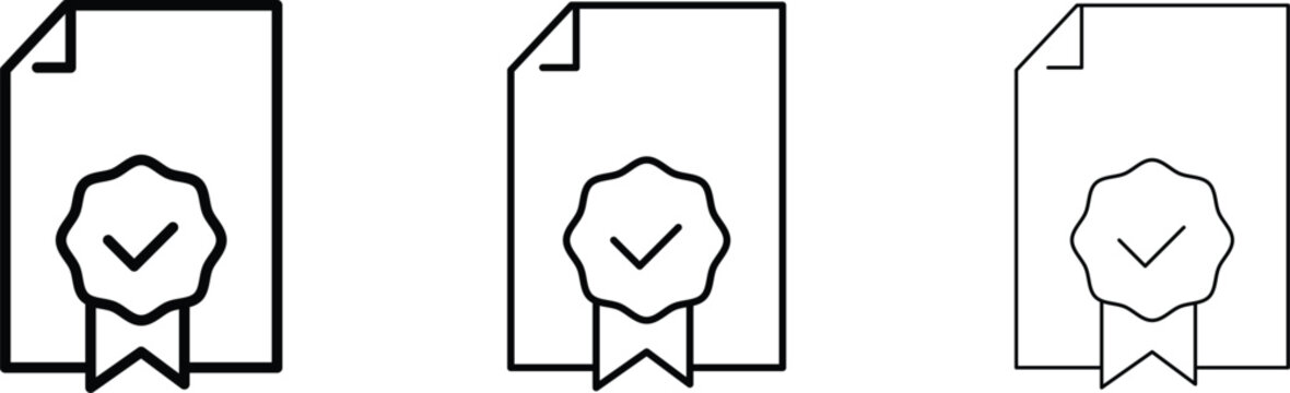 Minimalist certificate line icons with checkmark seal, professional document verification symbols, set of 3 black and grey vector outline icons