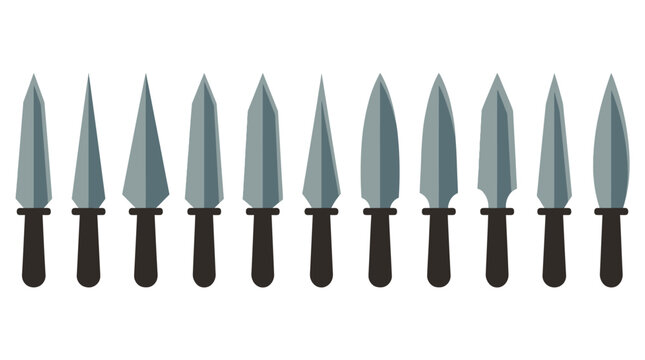 Collection of various tactical combat knives with black handles.