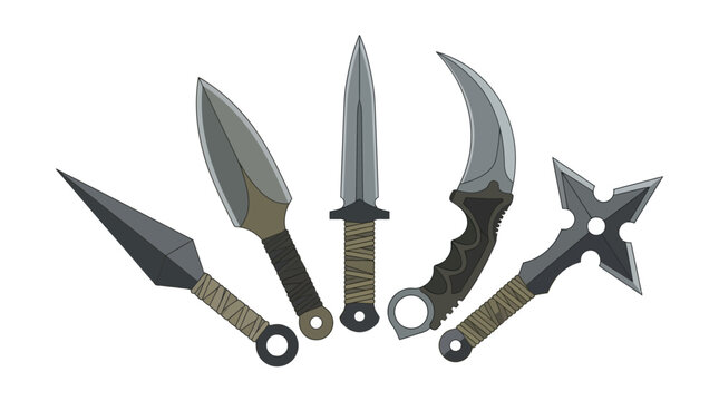 Collection of various ninja and martial arts weapons.