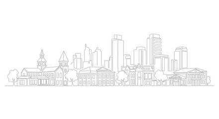 Fototapeta premium Minimalist outline drawing of a city skyline with skyscrapers and historic buildings.