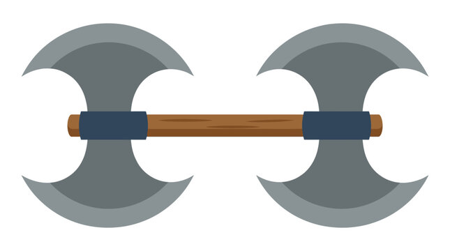 Double bladed fantasy battle axe with wooden handle.