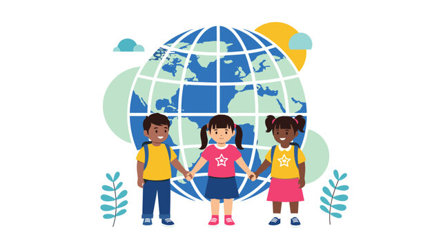 Diverse group of three happy children holding hands in unity, standing in front of a large globe, representing global friendship, education, and peace.