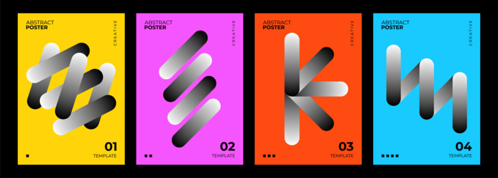 Abstract posters collection. Black and white gradient stripes on color background. Creative graphic designs. Vector illustration.	