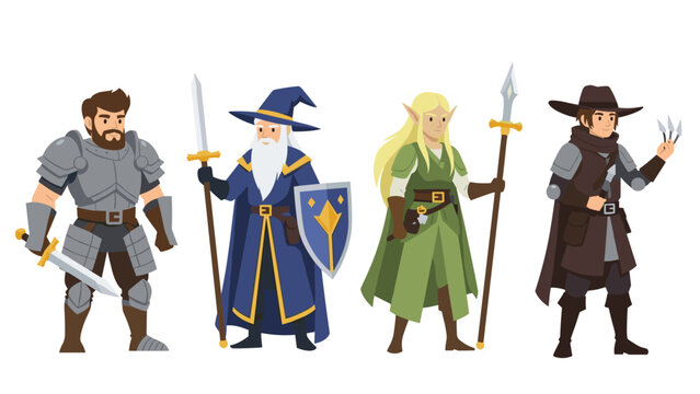 Diverse group of four fantasy characters, including a formidable knight, wise wizard, agile elf, and stealthy rogue, ready for an epic adventure.