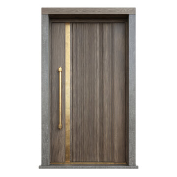 Modernist door with a fluted wood texture and a vertical brushed brass inlay strip. Isolated white background. Png format