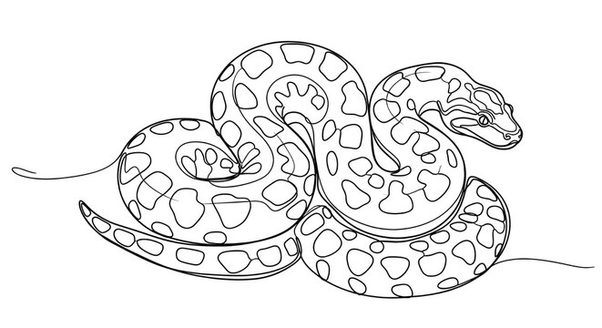 Single continuous line drawing of a coiled snake featuring decorative spotted patterns and a sharp detailed head for artistic projects