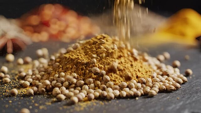 Close-up of spices being poured and piled on a dark surface.