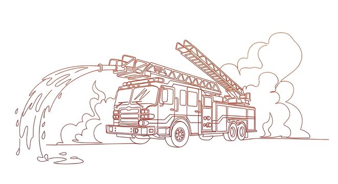 Large red fire truck equipped with a long extendable ladder spraying heavy water streams to extinguish an intense burning fire