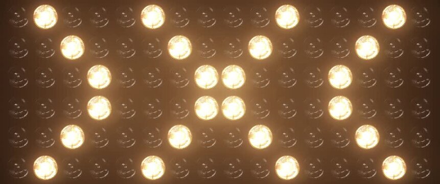 Widescreen flashing lights with bright warm lamps pulsing in patterns, perfect for music videos, club events, and show intros, concert visuals and dynamic stage backgrounds