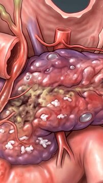 Human pancreatic gland, severe inflammation indicating acute or chronic pancreatitis, a serious digestive system disease, medical pathology concept