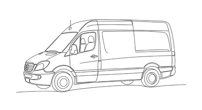 Continuous one line drawing of a modern cargo delivery van or sprinter van in a clean, minimalist style illustration on a white background.