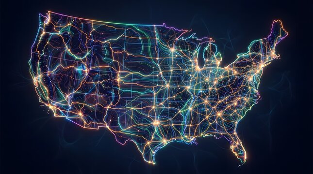 Abstract digital map of United States with glowing network connections