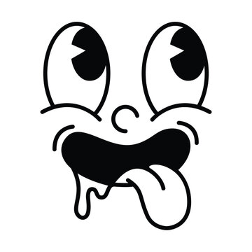Retro cartoon face with wide eyes looking up and drooling mouth