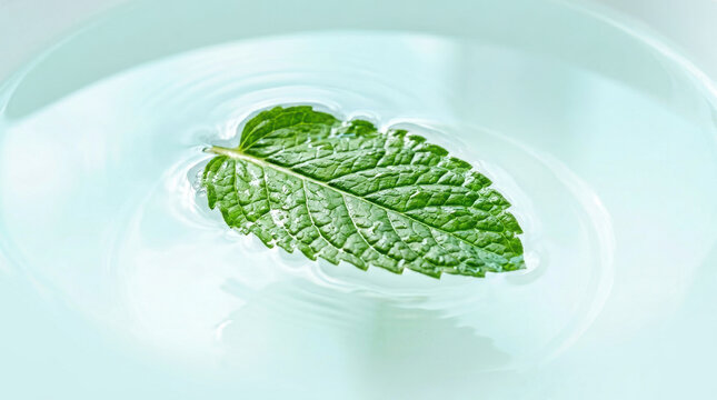 Single green mint leaf floating on rippling water green leaf