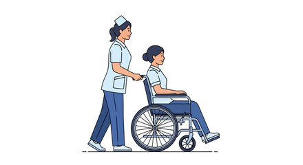 Fototapeta premium Vector Illustration of a Nurse Pushing a Patient in a Wheelchair, Depicting Care and Medical Assistance