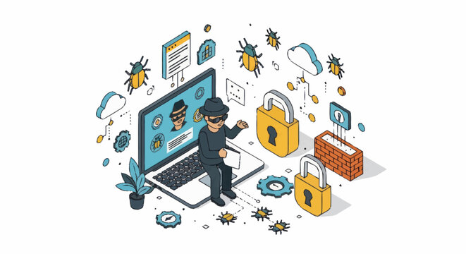 Cybersecurity hacker stealing data from laptop with locks and bugs.