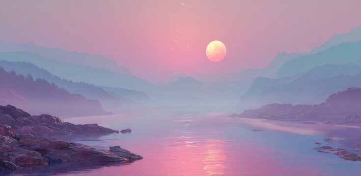 Peaceful hills and a serene lake echo a colossal pink moon in a night tableau. Great for fantasy or sci‑fi creative work