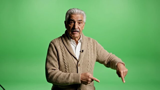 Mature man pointing downwards on green screen background for advertisements and promotion with a positive professional business presentation style