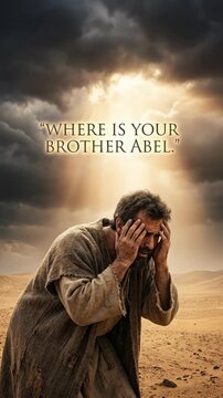 Primal transgression lament: Cain repent, Abel brother, Bible religion, divine command, mortal anguish, arid landscape, ancient scripture, human curse.